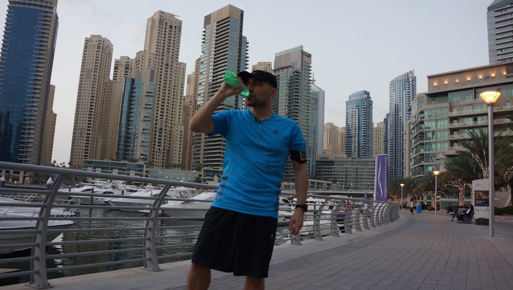 Runner on city waterfront