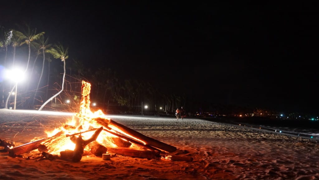 Beach bonfire at night