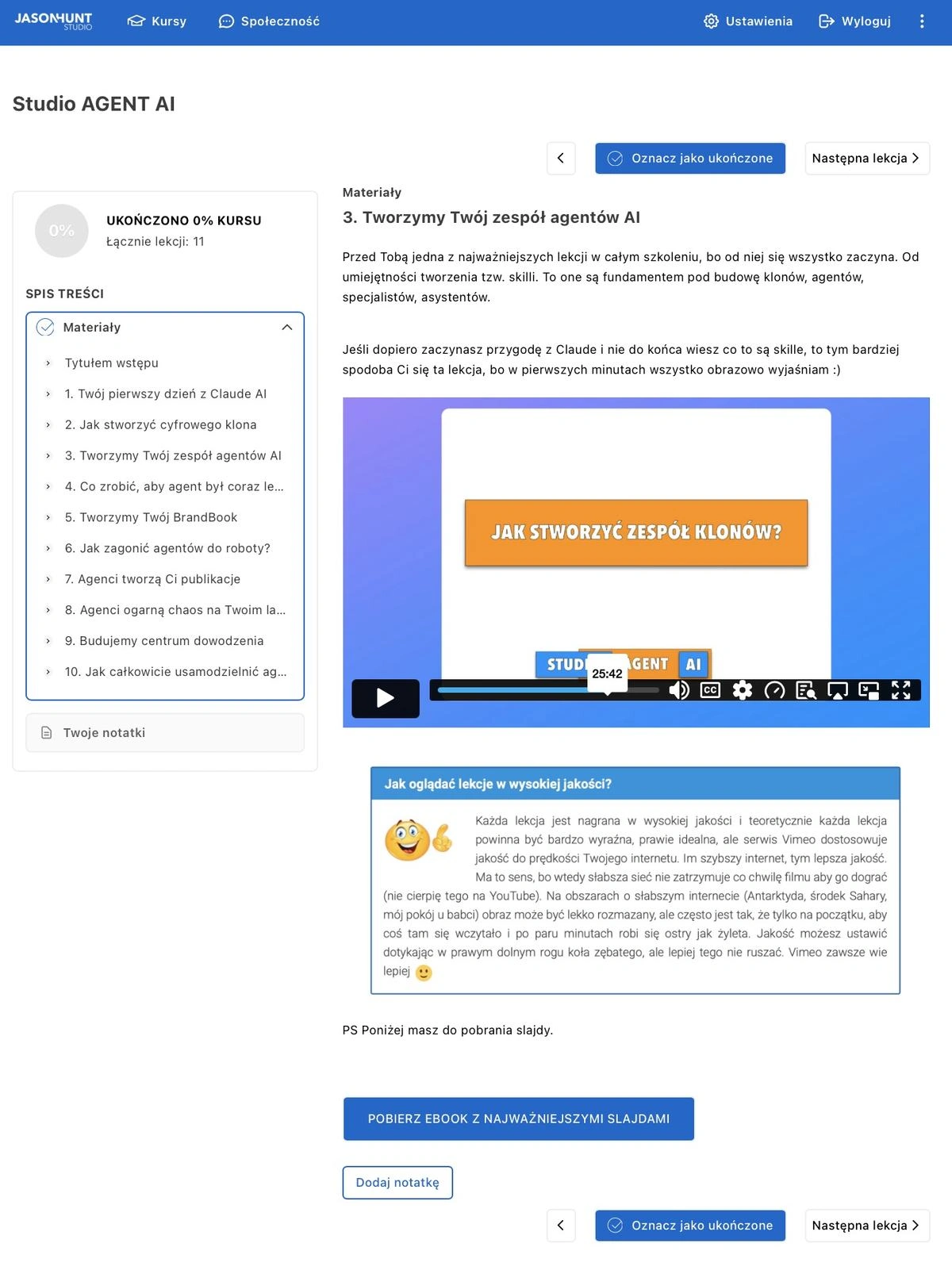 Widok platformy szkoleniowej — kurs Studio Agent AI