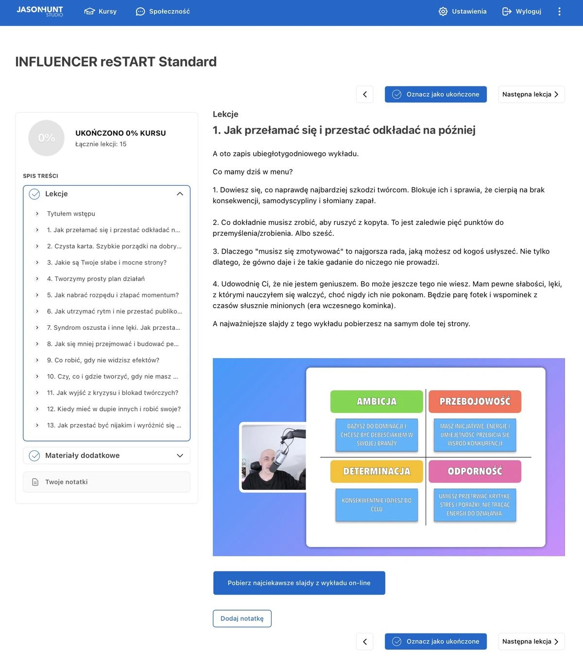 Widok platformy szkoleniowej — kurs Influencer reSTART