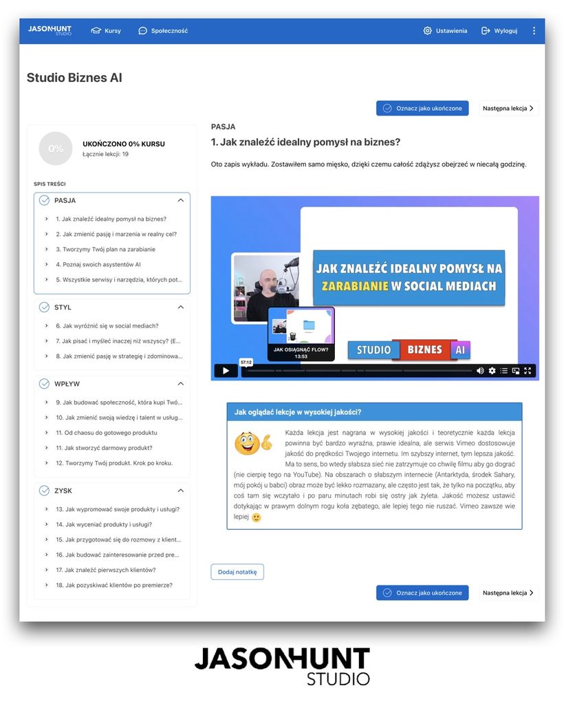 Nowa platforma szkoleniowa JasonHunt Studio — przykładowy widok lekcji